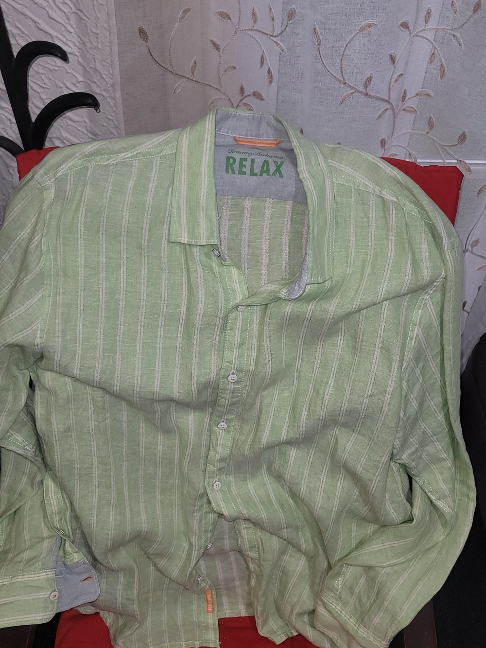 Tommy Bahama Relax Light Green Striped Casual Button-Down. Linen